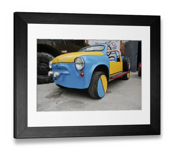 Framed Print : Podol, Ukraine - May 19, 2016: Handmade blue and yellow bicolor vintage retro classic car based on ZAZ automobile Framed Print : Podol, Ukraine - May 19, 2016: Handmade blue and yellow bicolor vintage retro classic car based on ZAZ automobile