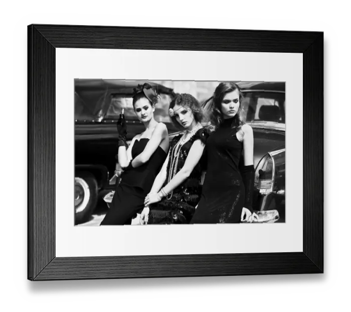 Framed Print : Three young girl in retro style dress near old classic vintage cars