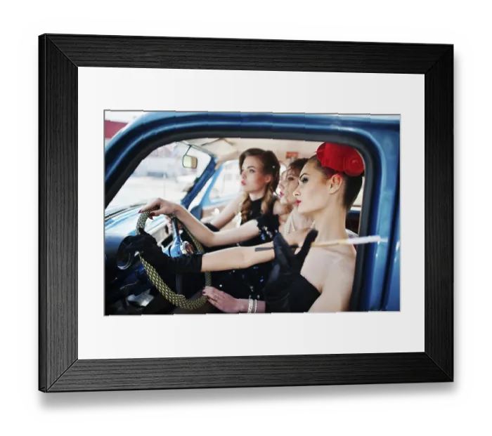 Framed Print : Three young girl in retro style dress seat on old classic vintage car Framed Print : Three young girl in retro style dress seat on old classic vintage car