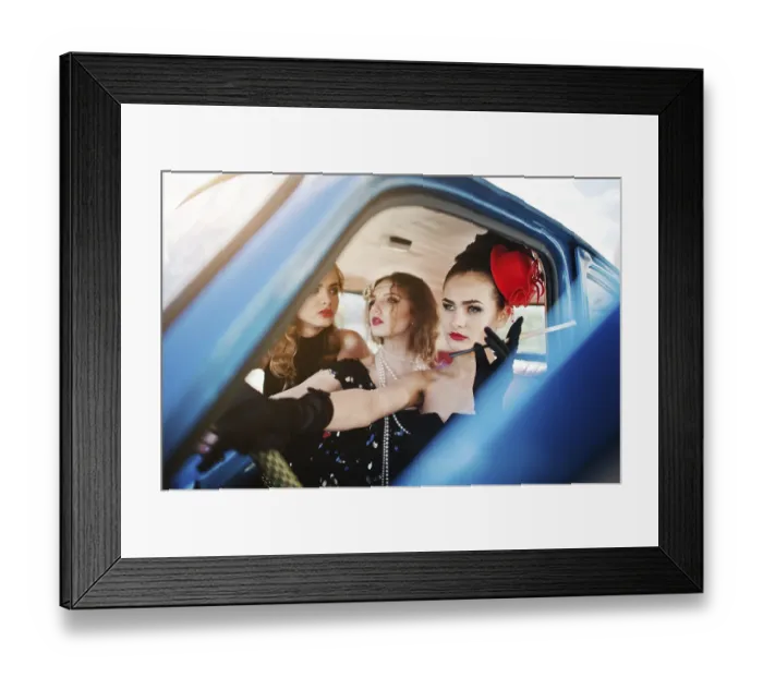 Framed Print : Three young girl in retro style dress seat on old classic vintage car Framed Print : Three young girl in retro style dress seat on old classic vintage car