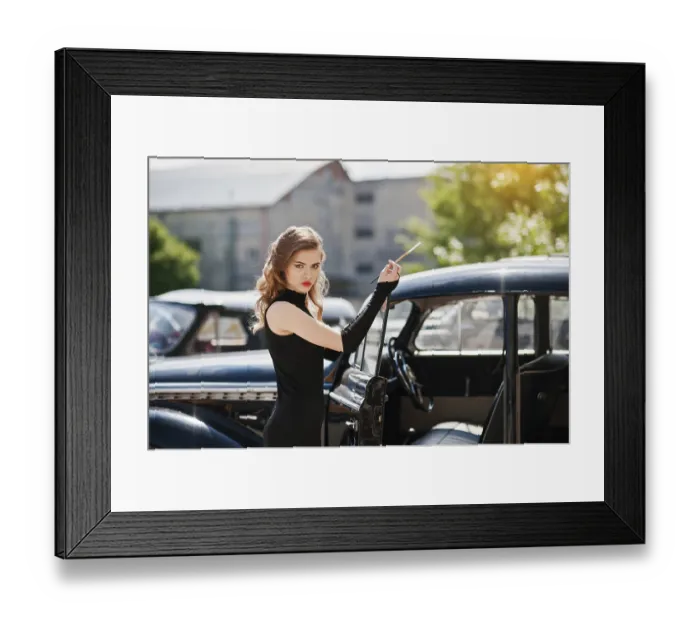 Framed Print : Portrait of beautiful sexy fashion girl model with bright makeup in retro style near vintage car with a cigarette