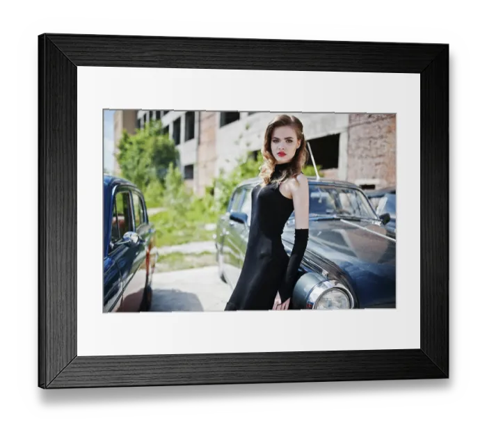 Framed Print : Portrait of beautiful fashion girl model with bright makeup in retro style leaned on a vintage car Framed Print : Portrait of beautiful fashion girl model with bright makeup in retro style leaned on a vintage car