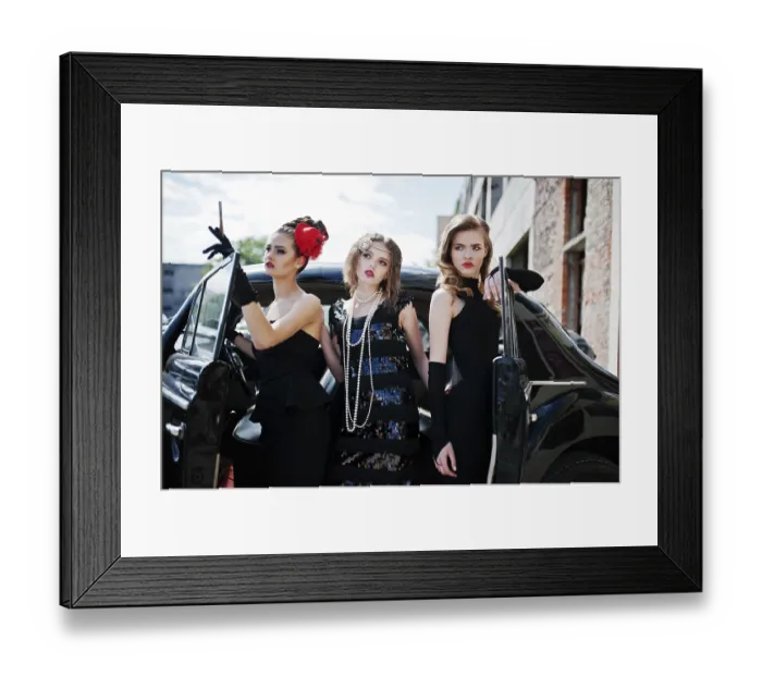 Framed Print : Three young girl in retro style dress near old classic vintage cars Framed Print : Three young girl in retro style dress near old classic vintage cars
