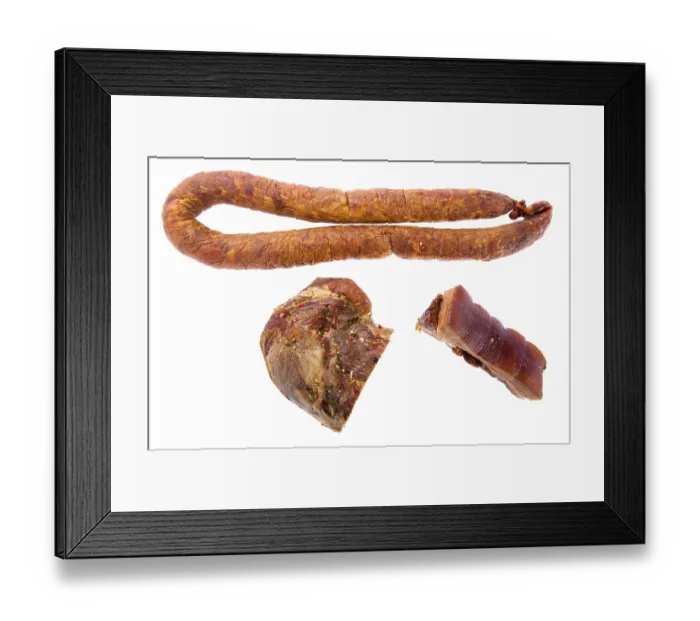 Framed Print : Object on white - food Smoked sausage and pork gammon Framed Print : Object on white - food Smoked sausage and pork gammon