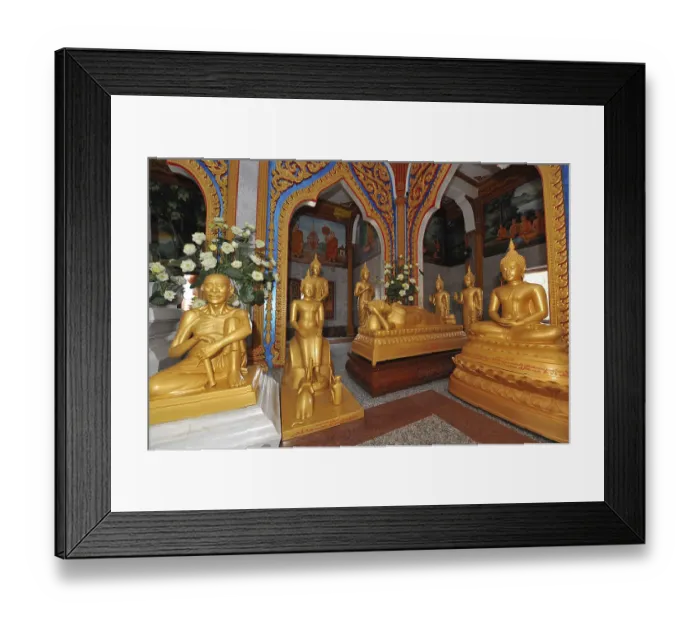 Framed Print : Prayer room devotional room with golden statues from left Monk