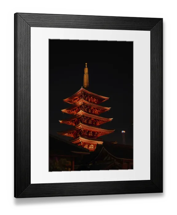 Framed Print : Red Pagoda in Senjo-ji Kannon Temple in Asakusa at Night - Tokyo