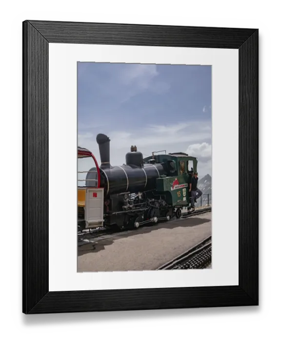 Framed Print : Aerial Panoramic View - Train from Rothorn to Brienz - Brienz-Rothorn bahn is a cogwheel narrow gauge railway with
