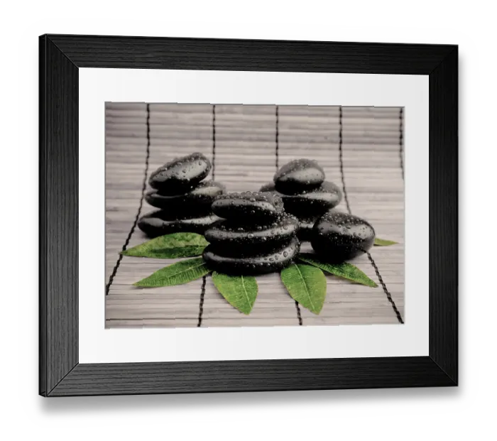 Framed Print : Zen stones and leaves with water drops