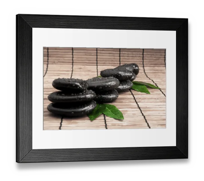 Framed Print : Zen stones and leaves with water drops