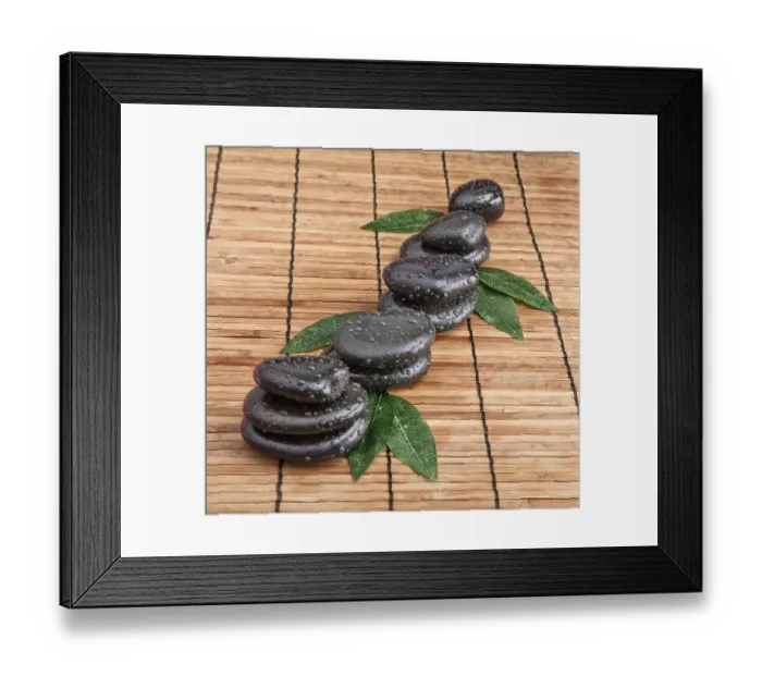 Framed Print : Zen stones and leaves with water drops