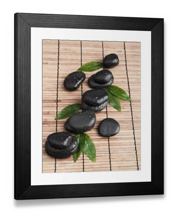 Framed Print : Zen stones and leaves with water drops