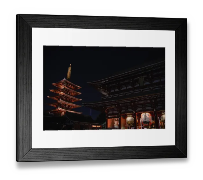 Framed Print : Red Pagoda in Senjo-ji Kannon Temple in Asakusa at Night - Tokyo