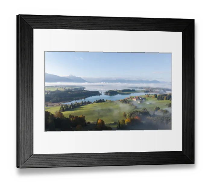 Framed Print : Wide landscape with Forggensee and mountains in the background Framed Print : Wide landscape with Forggensee and mountains in the background