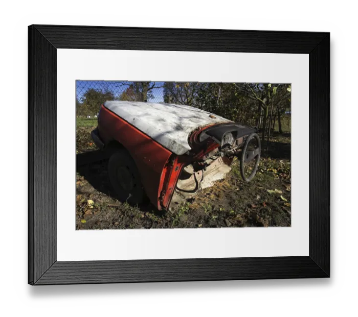 Framed Print : Rusty vintage car cut in half on a sunny day in autumn garden Prague Czech republic Framed Print : Rusty vintage car cut in half on a sunny day in autumn garden Prague Czech republic