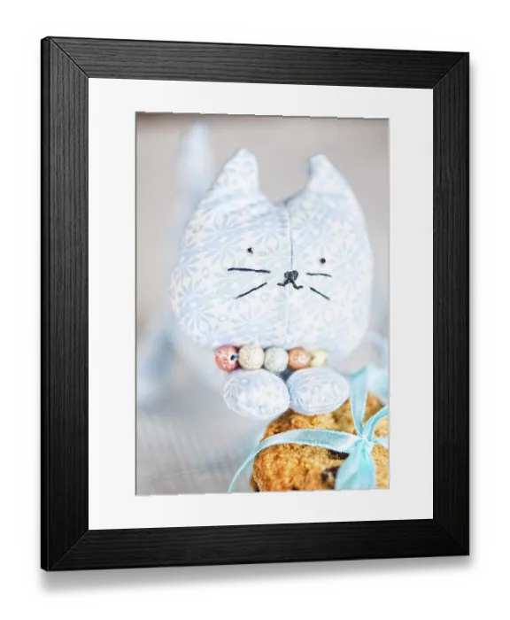Framed Print : Homemade puppet, a cat and cookie on tablecloth Framed Print : Homemade puppet, a cat and cookie on tablecloth