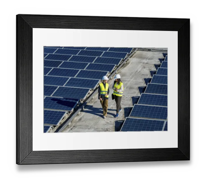 Framed Print : Two women engineers wearing hard hats and high visibility vests walking