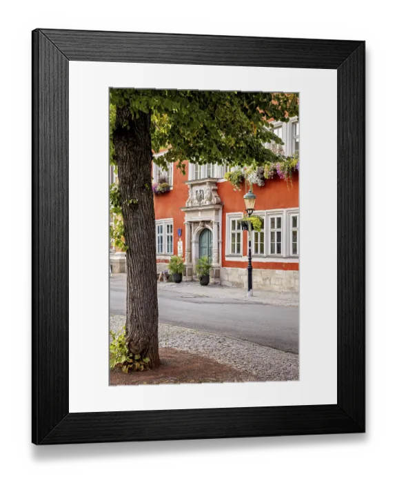 Framed Print : Tree in front of a red house facade with richly decorated windows in a cozy old town setting Framed Print : Tree in front of a red house facade with richly decorated windows in a cozy old town setting