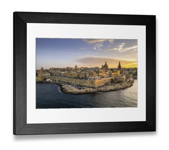 Framed Print : Valletta, Malta aerial drone view at old town at sunset