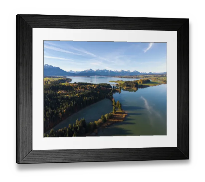 Framed Print : A quiet lake with forest and mountains