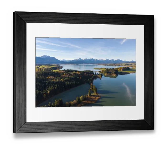 Framed Print : Autumn mountain landscape with a quiet lake and forests under blue sky