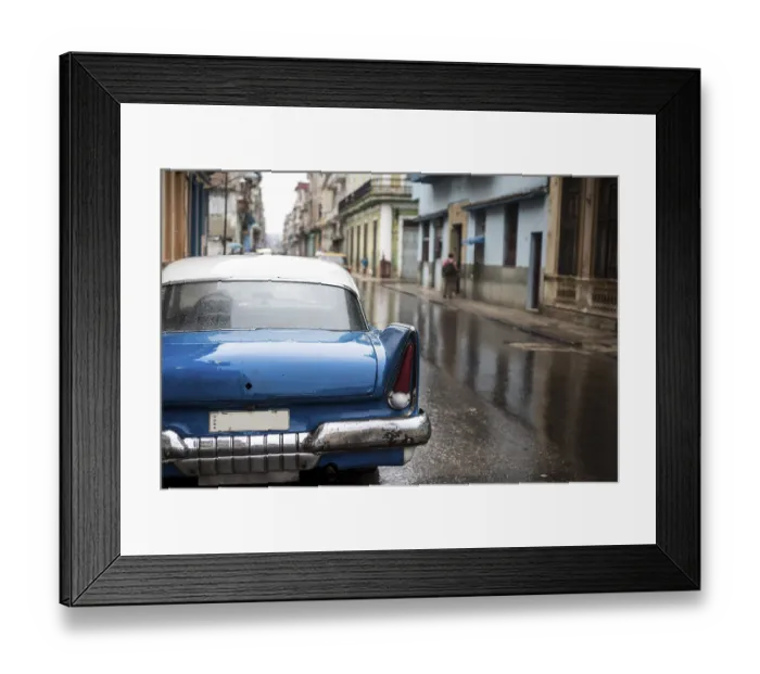 Framed Print : Street scene with old car on rainy day in Havana