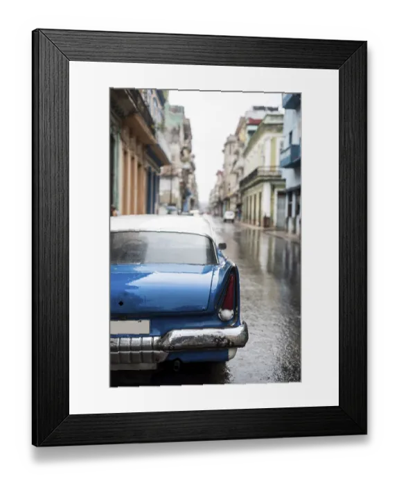 Framed Print : Street scene with old car on rainy day in Havana