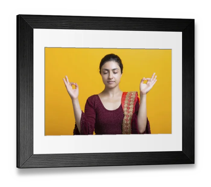 Framed Print : Portrait of young adult indian woman in sari meditate zen like with ok sign mudra gesture