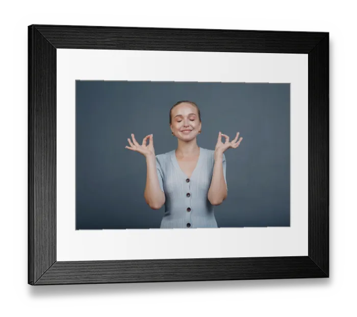 Framed Print : Adult young woman smile portrait in studio with yoga meditation ok mudra Framed Print : Adult young woman smile portrait in studio with yoga meditation ok mudra