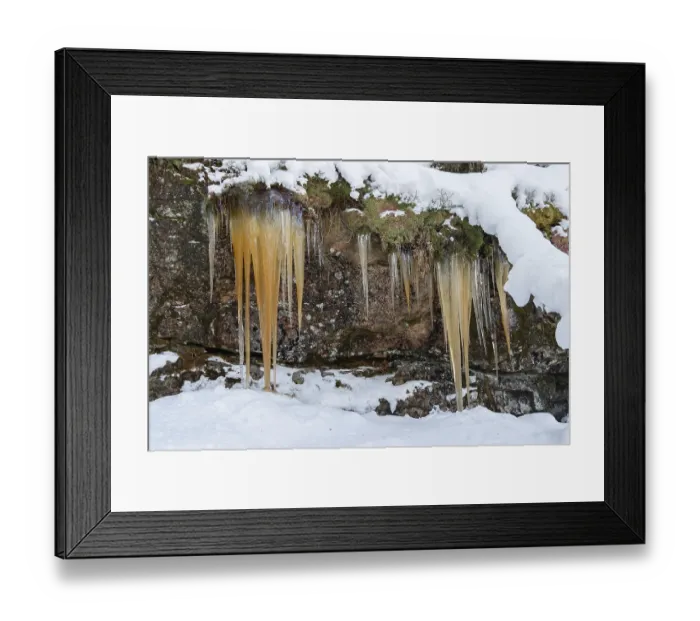 Framed Print : Brown colored icicles hanging from a cliff with snow in foreground and background in Norway