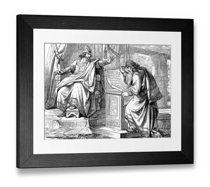 Framed Print : Shaphan the Scribe reads out the found legal role to the pious King Josiah (639-609 BC)