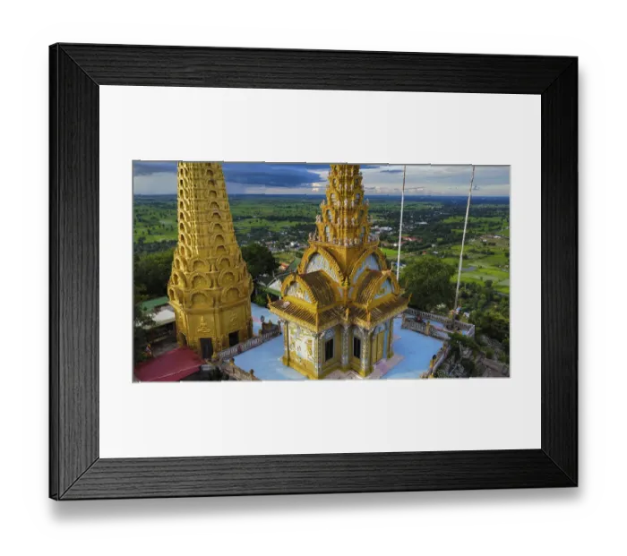 Framed Print : A buddhist temple on a mountain in Cambodia seen from above