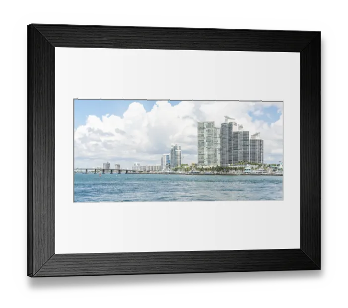 Framed Print : Miami skyline with skyscrapers and bridge over the sea