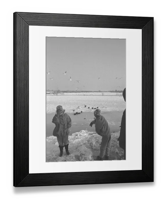Framed Print : Children, birds, frozen Elbe, Bleckede Framed Print : Children, birds, frozen Elbe, Bleckede