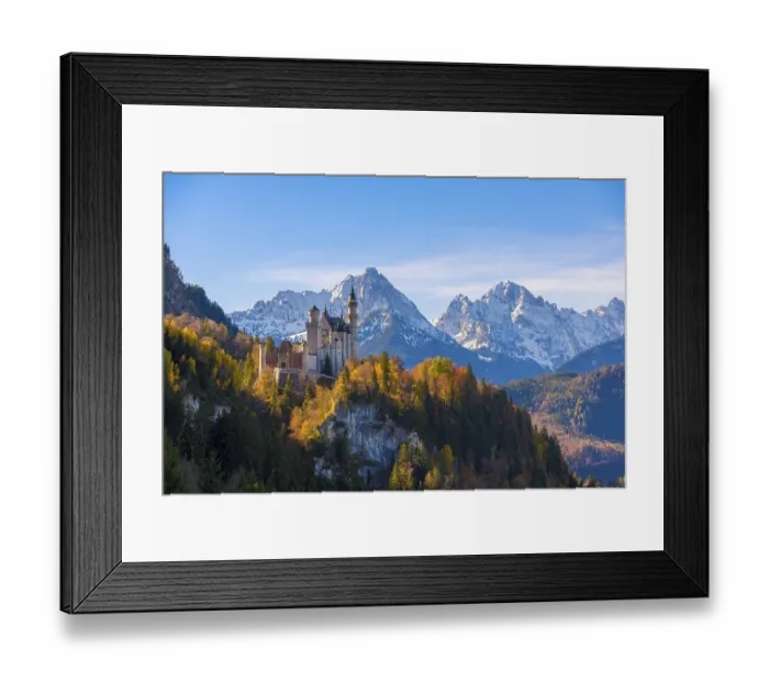 Framed Print : Neuschwanstein Castle towers over autumn trees against a backdrop of the Alps
