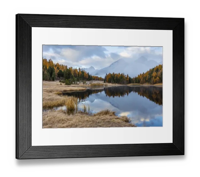 Framed Print : Lake Stazer in front of mountain peaks with snow