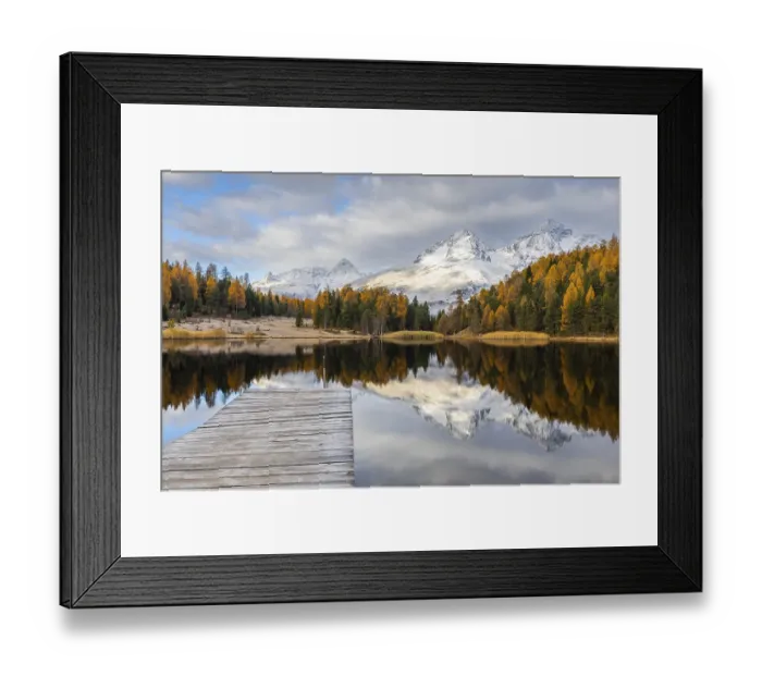 Framed Print : Lake Stazer in front of mountain peaks with snow Framed Print : Lake Stazer in front of mountain peaks with snow
