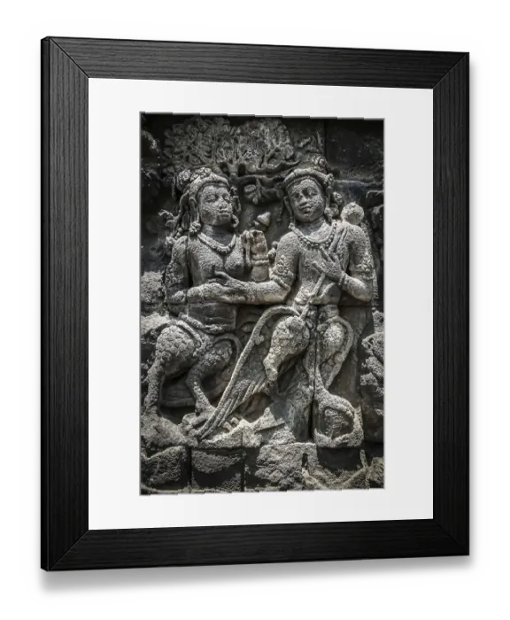 Framed Print : Details of sculptures and reliefs on the walls of the Borobudur temple in Java Framed Print : Details of sculptures and reliefs on the walls of the Borobudur temple in Java