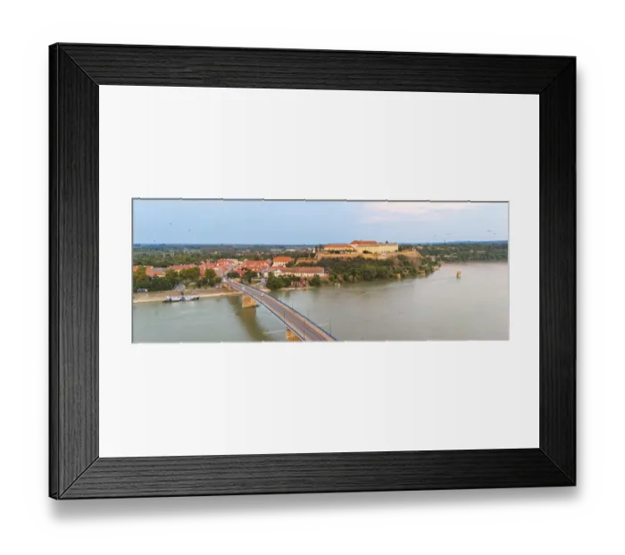 Framed Print : Aerial view of Petrovaradin fortress and Danube river bridge in Novi Sad Serbia