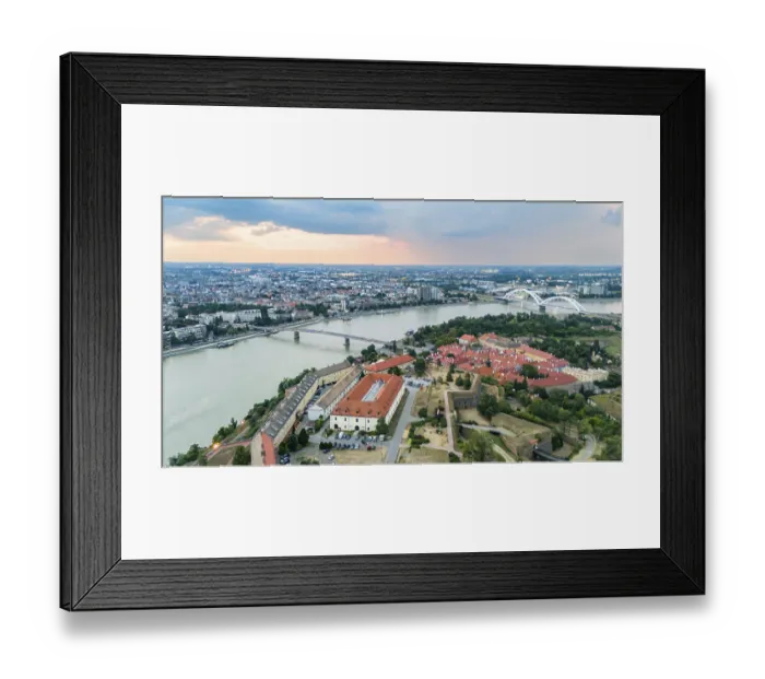 Framed Print : Aerial panoramic view of Petrovaradin fortress and Danube river in Novi Sad Serbia at sunset