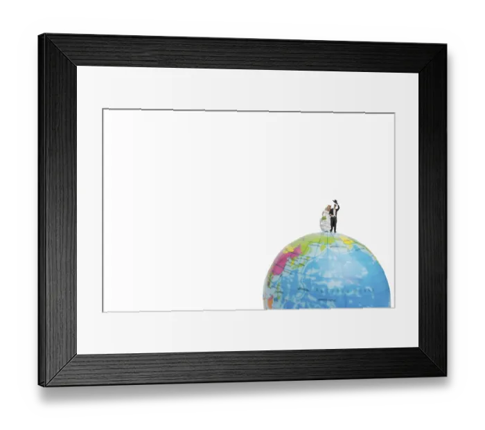 Framed Print : Miniature people wedding, bride and groom couple on The globe on white background Framed Print : Miniature people wedding, bride and groom couple on The globe on white background