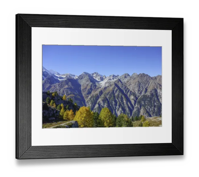 Framed Print : Autumn trees and mountain peaks under clear sky