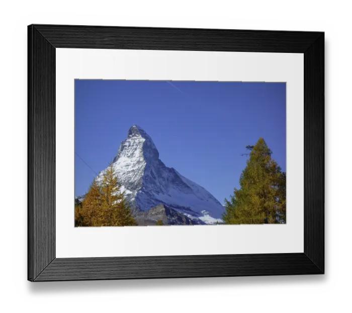 Framed Print : Majestic Matterhorn with snowy summit surrounded by autumn trees Framed Print : Majestic Matterhorn with snowy summit surrounded by autumn trees