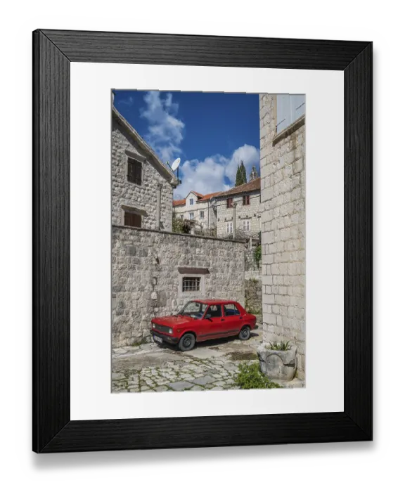 Framed Print : Perast, Montenegro - April 2018 : Old red retro vintage car in Perast town in the Kotor Bay Framed Print : Perast, Montenegro - April 2018 : Old red retro vintage car in Perast town in the Kotor Bay