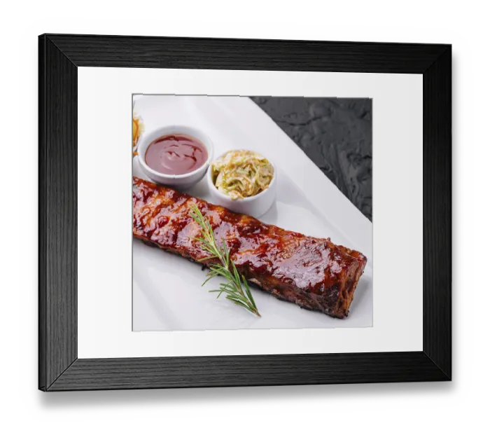 Framed Print : Food, Grilled pork ribs in barbecue sauce and honey with sauerkraut on white plate Framed Print : Food, Grilled pork ribs in barbecue sauce and honey with sauerkraut on white plate