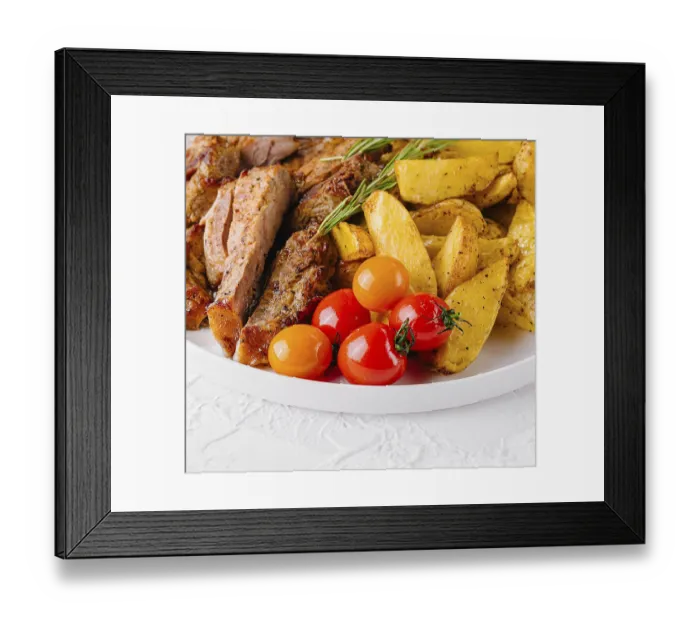 Framed Print : Food, Grilled kebab pork meat with roasted potato and vegetables
