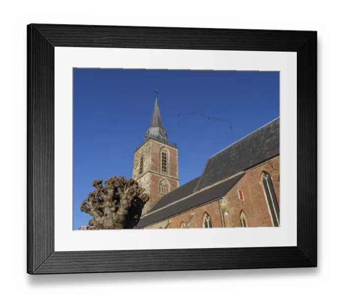 Framed Print : Church tower with a formation of flying birds in the background Framed Print : Church tower with a formation of flying birds in the background