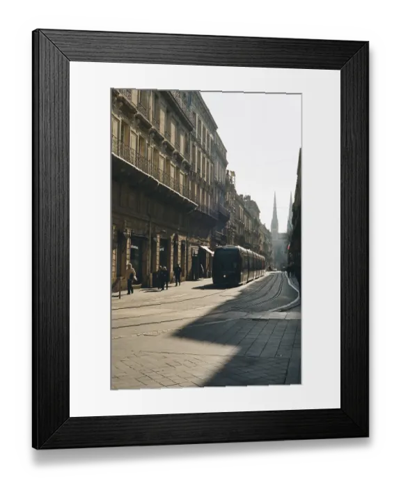 Framed Print : A tram on a city street surrounded by historic buildings in natural lighting