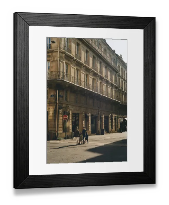 Framed Print : Historic street scene with pedestrians and a gilded building facade