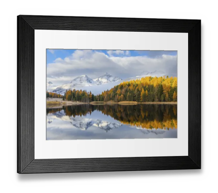 Framed Print : Lake Stazer in front of mountain peaks with snow
