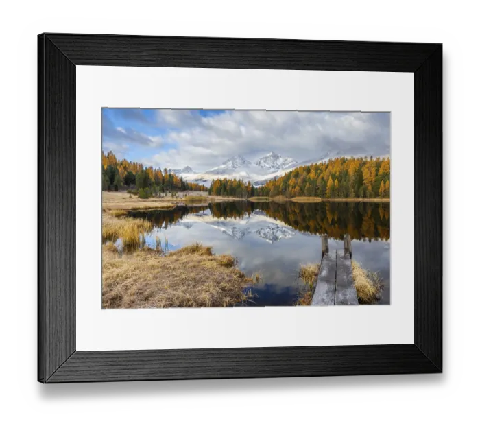Framed Print : Lake Stazer in front of mountain peaks with snow
